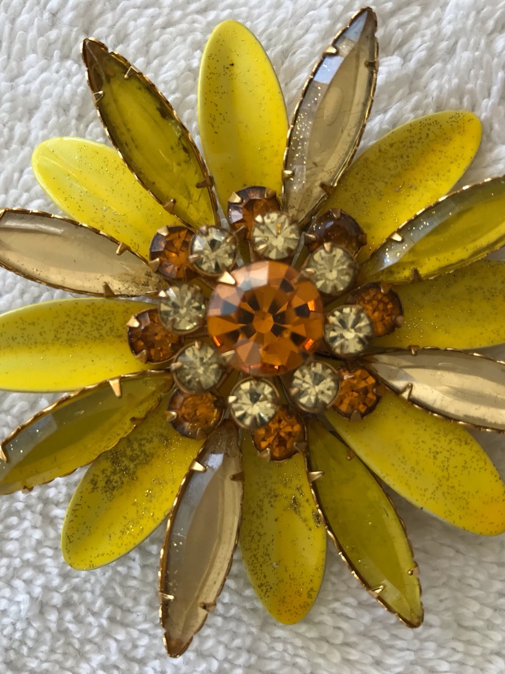 Vintage Yellow Glass Flower Brooch